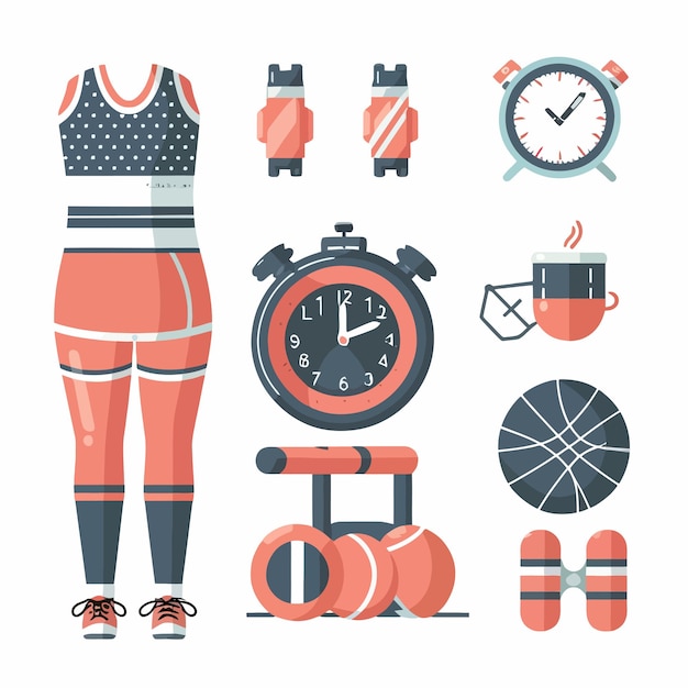 Vector a collection of clothes including a woman and a clock