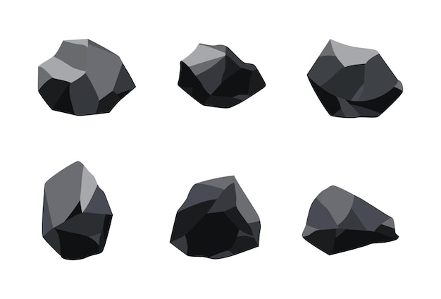 Collection of coal black mineral resources. Pieces of fossil stone. Polygonal shapes set. Black rock stones of graphite or charcoal. Energy resource charcoal icons.