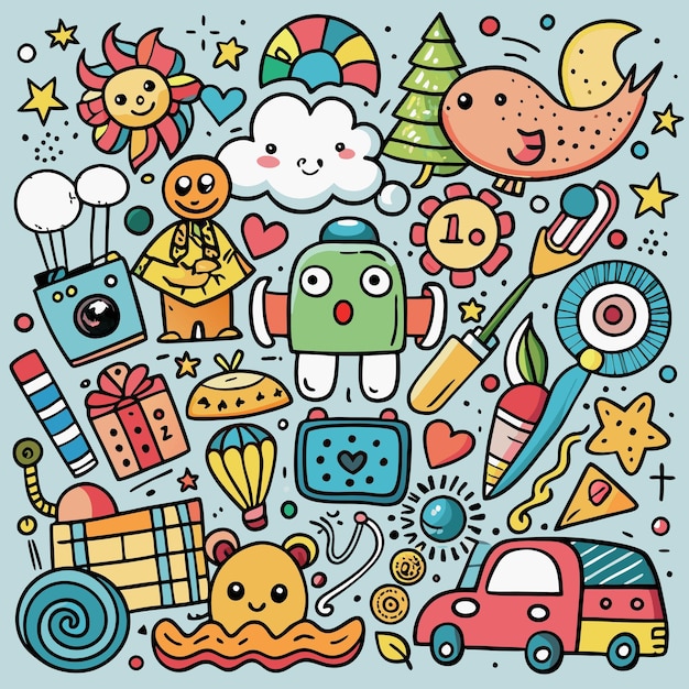 Vector a collection of colorful doodle cartoon characters including a monster a moon and a cloud