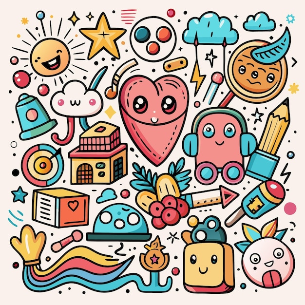 Vector a collection of colorful doodle cartoon characters including a monster a moon and a cloud