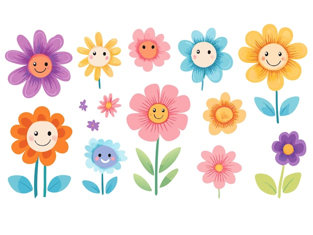 Vector a collection of colorful flowers including one with a smiley face