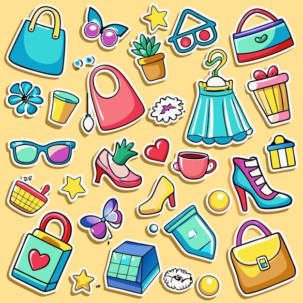 Vector a collection of colorful stickers featuring fashion accessories drinks and other miscellaneous items