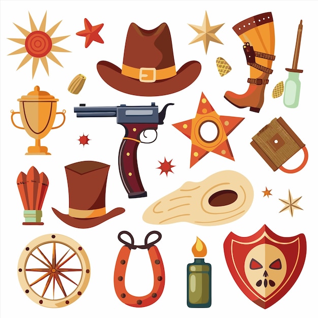 a collection of cowboy themed items including cowboy hats guns and cowboy boots