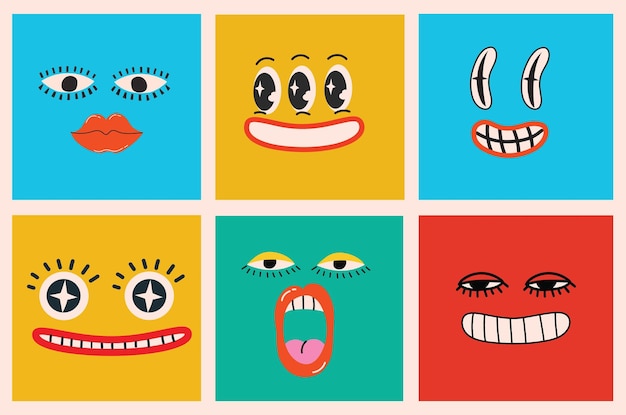 Collection of crazy abstract comic characters elements and faces bright colors cartoon style vector