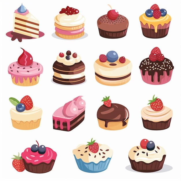 Vector a collection of cupcakes including one with a blueberry and raspberry