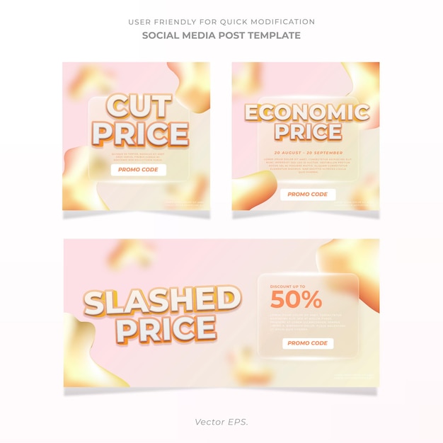 Vector collection cut price special discount sale gradient glassmorphism effect instagram twitter posts