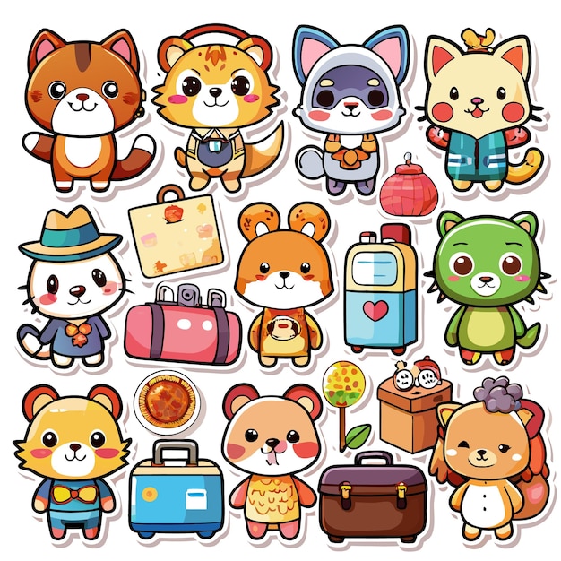 Vector a collection of cute cartoon animal stickers featuring cats dogs and bears in various outfits and poses