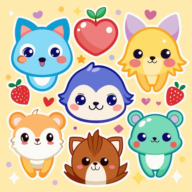 Vector a collection of cute cartoon animals with big eyes and small mouths set against a yellow background with hearts stars and strawberries