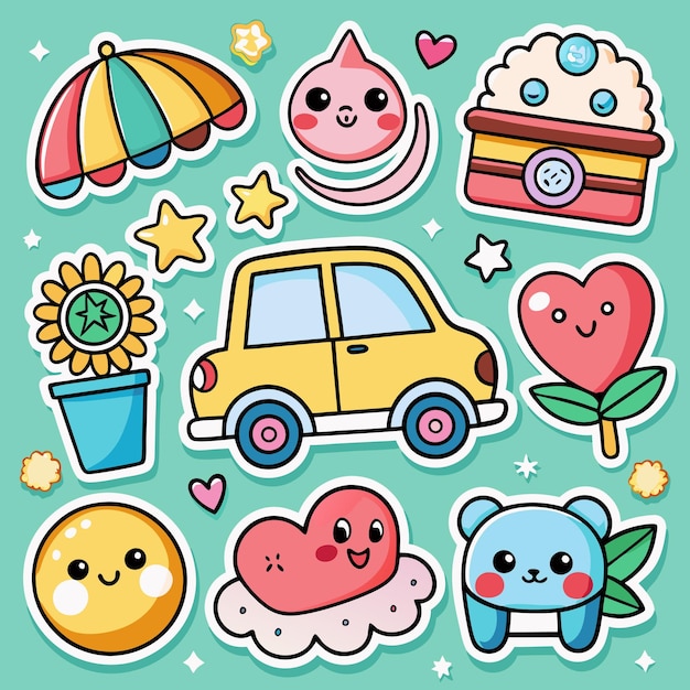 Vector a collection of cute cartoon stickers with a yellow car a sunflower a heart a bear a cake a moon and a sun