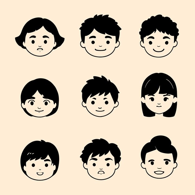 Vector collection of cute cartoon style childrens faces