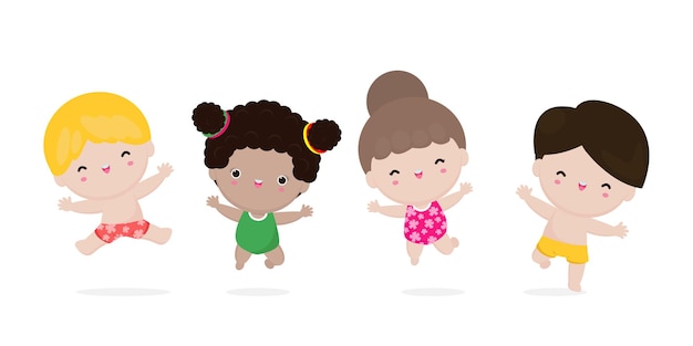 Vector collection of cute children jumping enjoying summer at the beach group of kids having fun on the beach hello summer vacation flat cartoon isolated on white background
