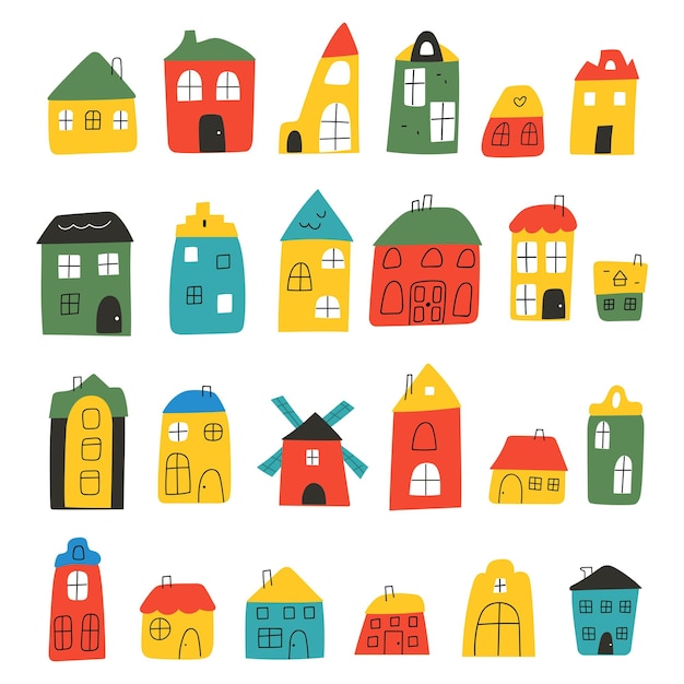 Collection of cute cozy little houses Hand drawn vector Illustrations on white background