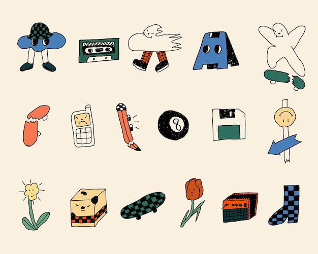 Vector collection of cute doodle sticker illustrations