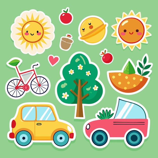 Vector a collection of cute stickers with a sun tree bike cars planet and other objects