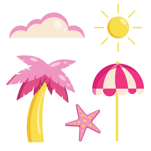 Collection of cute summer symbols Palm tree sun umbrella starfish cloud