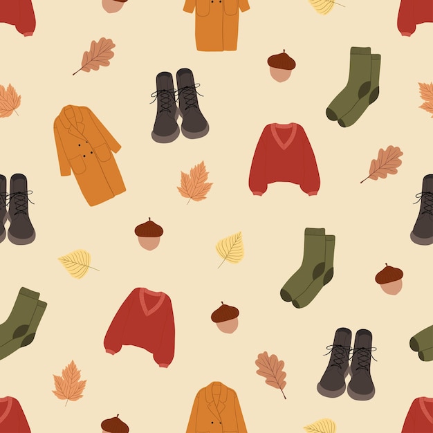 Collection of different autumn clothes. Casual sweater, coat, boots, socks