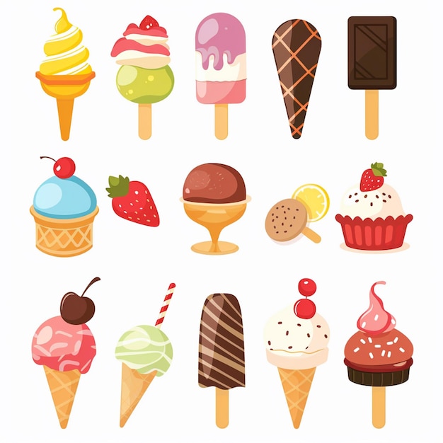 Vector a collection of different ice creams including one with a strawberry on the bottom