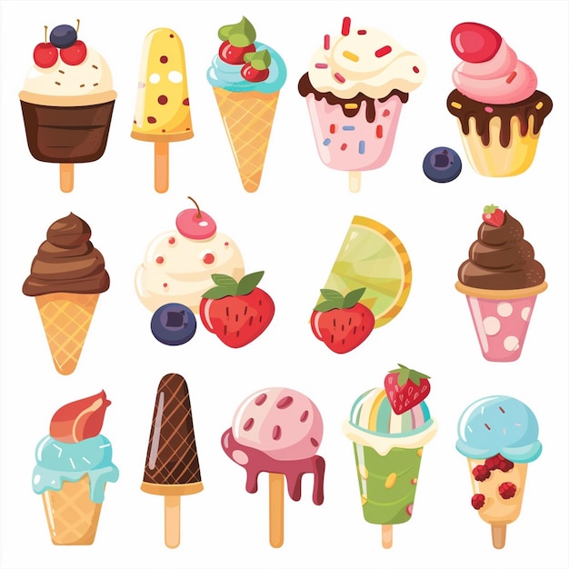 Vector a collection of different ice creams including one with a strawberry and strawberry