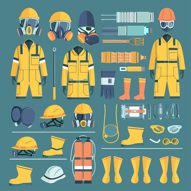 a collection of different items including a man wearing a yellow helmet and a yellow helmet