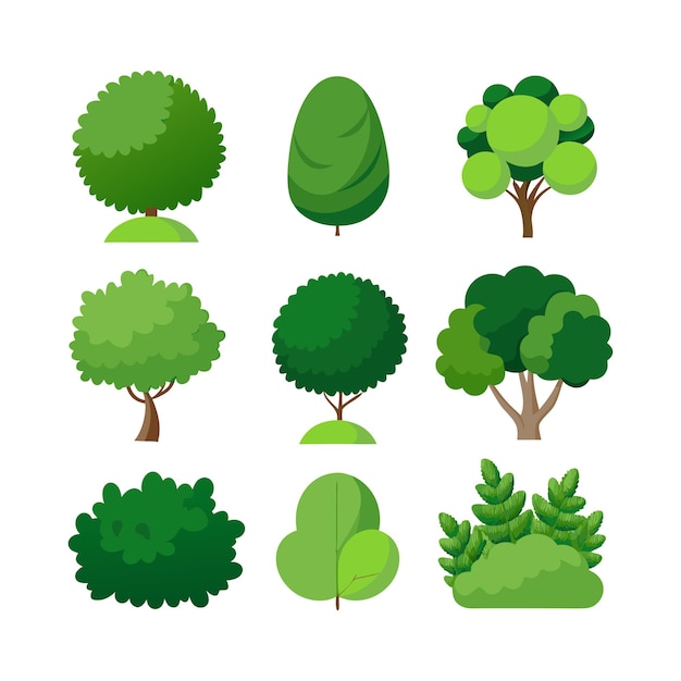 Vector a collection of different trees including one that has a green leafy plant