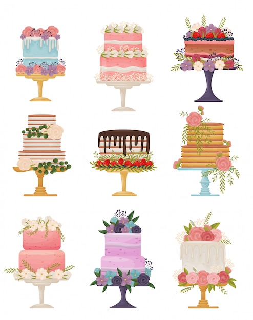 Collection of different types of cakes on a stand.  illustration on white background.