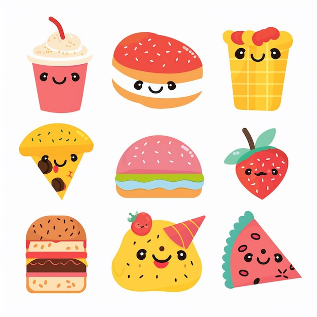 Vector a collection of different types of food including a strawberry and strawberry ice cream