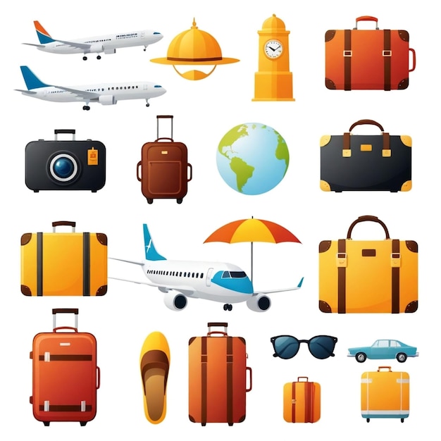 Vector a collection of different types of travel including a plane luggage and other things