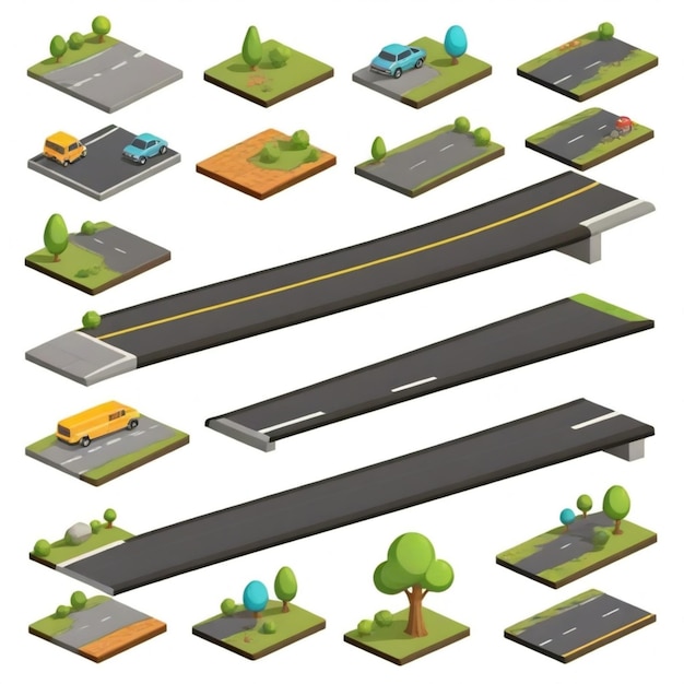 Vector a collection of different types of vehicles including a road with trees and cars