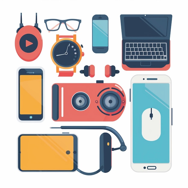 Vector a collection of electronic devices including a watch a cell phone and a watch