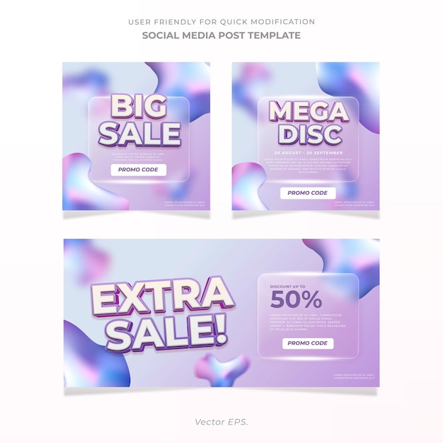 Vector collection extra big special discount sale gradient glassmorphism effect instagram twitter posts