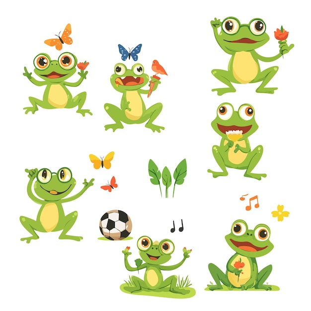 Vector a collection of frogs with butterflies and flowers