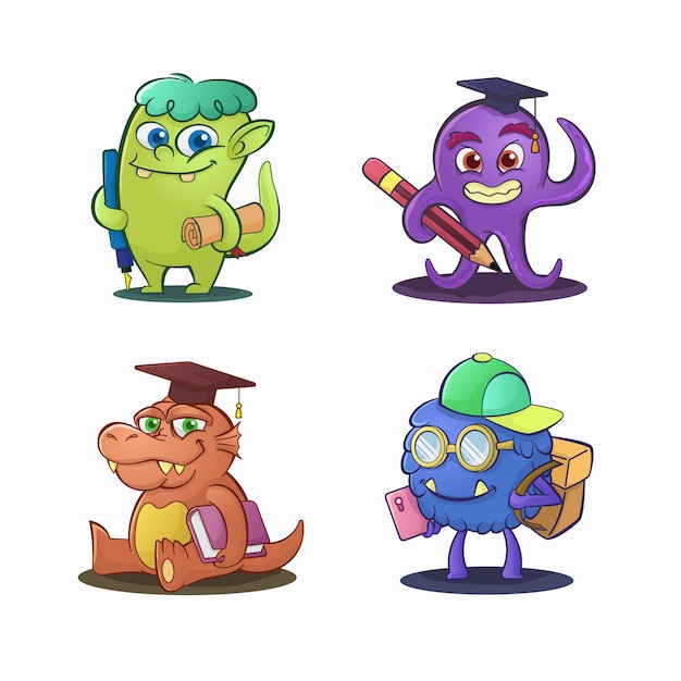 A collection of funny monsters wearing educational accessories