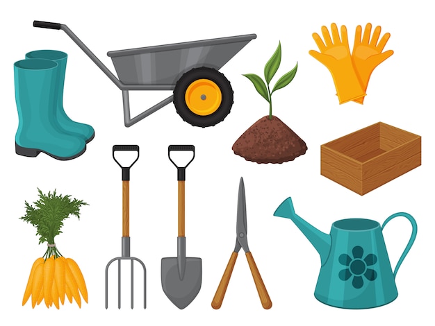 Collection of garden tools on a white background. Isolated object on a white background. Cartoon style.