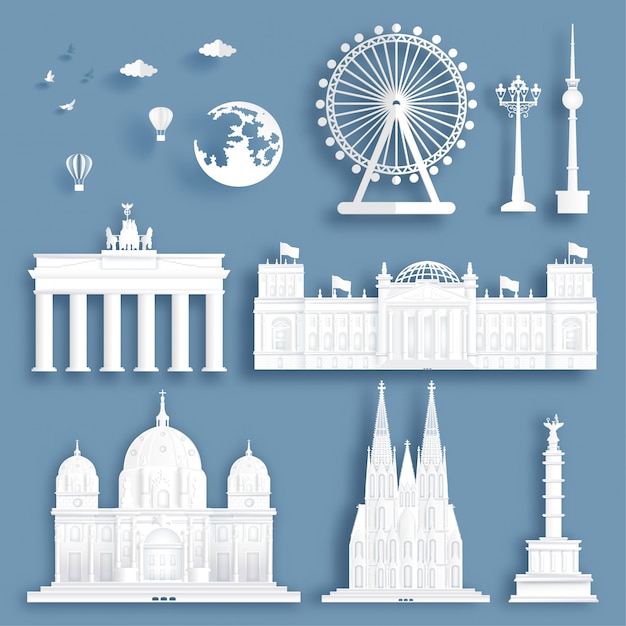 Vector collection of germany famous landmarks in paper cut style vector illustration.