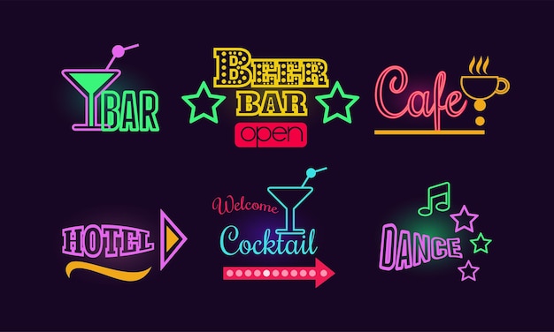 Vector collection of glowing neon signs for beer and cocktail bar cafe dance club and hotel graphic elements for advertising flyer or poster colorful vector illustrations isolated on dark background