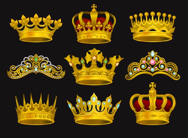 Collection of golden crowns and tiaras. Realistic illustrations isolated on black background.