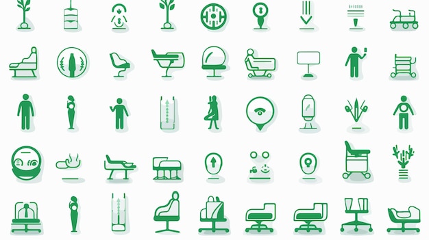 Vector a collection of green icons with a green background with a man walking in a wheelchair