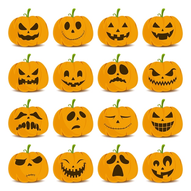 Collection of halloween pumpkin faces isolated on white background. Halloween pumpkin expression set