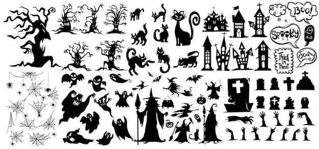 Collection of halloween silhouettes icon and character.