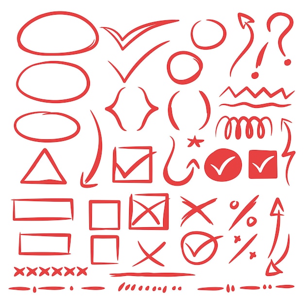 Collection Of Hand Drawn Doodle Style sketch signs, arrows, hearts, shapes, tick