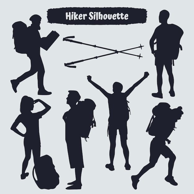 Collection of Hiker in mountains silhouettes in different poses