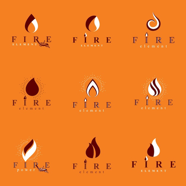 Collection of hot orange fire vector logotypes, nature element. Petrol business corporative emblem for use in graphic design.