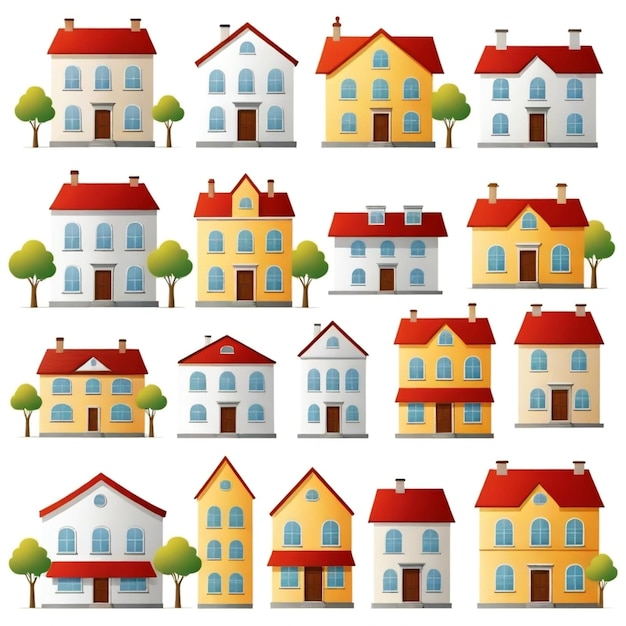 a collection of houses with different colors and sizes