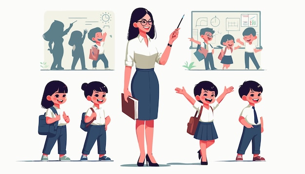 Vector a collection of illustrations of children with teacher and teacher