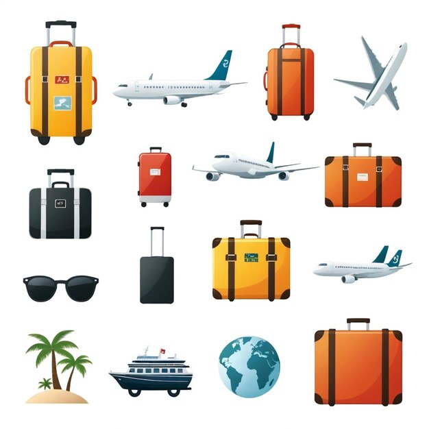 Vector a collection of images including a travel bag luggage and a plane