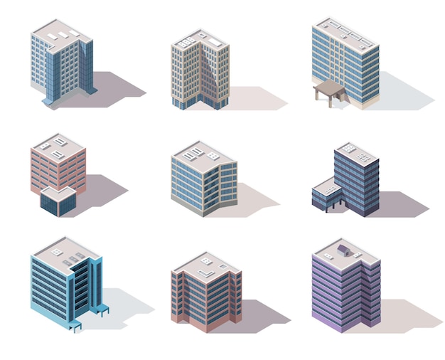 Vector collection isometric offices town apartment building city map creation with street and cars architectural vector 3d illustrations infographic elements city house compositions