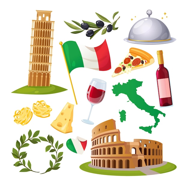 Vector collection of italian elements with architectural monuments dishes and drinks national flag etc