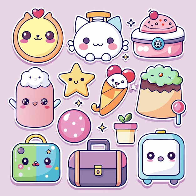 Vector a collection of kawaii characters including a cat a cloud a star a mouse a cake a suitcase a plant and a ball