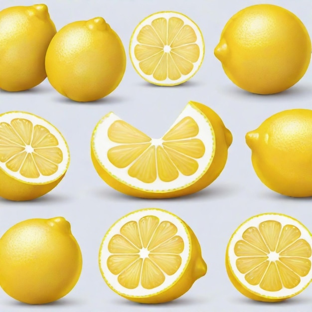 Vector a collection of lemons with one half and one half of the lemons