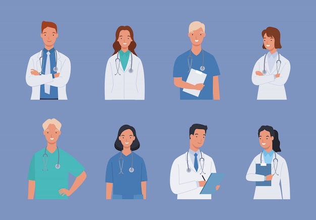 Vector collection of medical staff doctor and nurse, group of medics. 